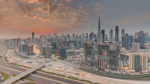 Skyline Modern Architecture Dubai Business Bay Towers Downtown Sunset Aerial — Foto de Stock
