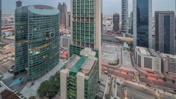Dubai International Financial Center Skyscrapers Aerial Night Day Transition Illuminated —  Fotos de Stock