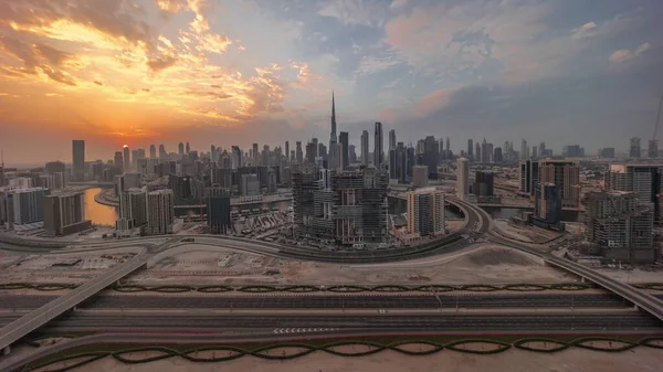 Захід Сонця Над Панорамним Горизонтом Дубая Діловою Бухтою Районом Центру — стокове фото