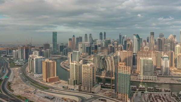Skyline Med Modern Arkitektur Dubai Business Bay Torn Morgon Aerial — Stockfoto