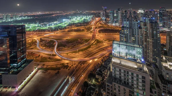 Panorama Showing Dubai Marina Jlt Illuminated Skyscrapers Sheikh Zayed Road — Stockfoto
