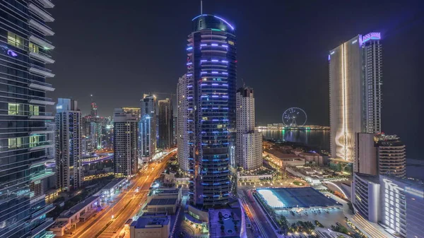 Dubai Marina Jbr Bölgesinin Panoramik Manzarası Ünlü Dönme Dolap Tüm — Stok fotoğraf