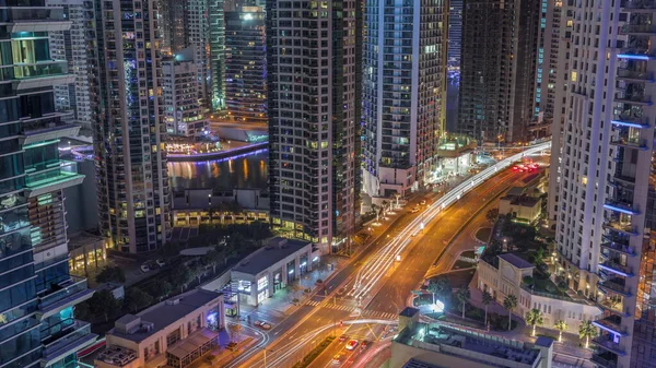 Vista Aerea Dubai Marina Illuminato Grattacieli Traffico Una Strada Durante — Foto Stock