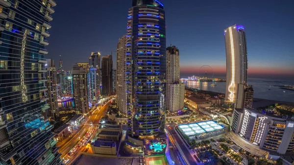 Панорама Району Дубай Марина Jbr Відома Повітряно Нічна Пересадка Ферріса — стокове фото