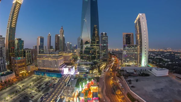 Panorama Dubai International Financial District Day Night Transition Aerial View — Stock Photo, Image