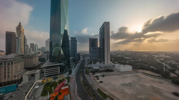 Sunrise Dubai International Financial District Transition Panoramic Aerial View Business —  Fotos de Stock