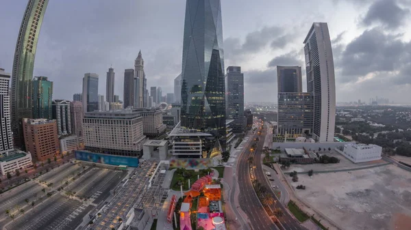 Panorama Dubai International Financial District Night Day Transition Aerial View — Fotografia de Stock