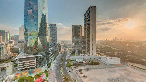 Sunrise Dubai International Financial District Transition Panoramic Aerial View Business — Stock fotografie