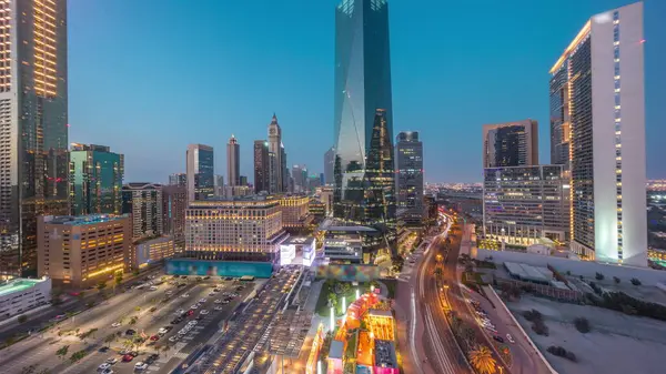 Dubai International Quartier Financier Transition Jour Nuit Vue Aérienne Panoramique — Photo