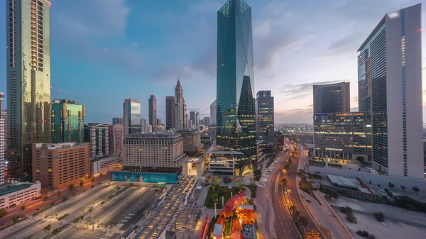 Dubai International Financial District Μετάβαση Από Νύχτα Μέρα Πανοραμική Εναέρια — Φωτογραφία Αρχείου