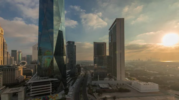 Sunrise Dubai International Financial District Transition Panoramic Aerial View Business — Fotografia de Stock