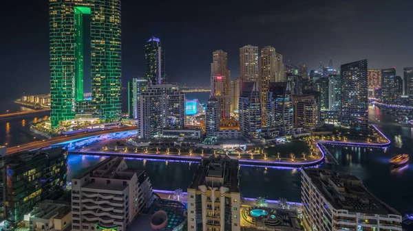 Панорама Показує Хмарочоси Дубай Марина Район Jbr Розкішними Будівлями Курортами — стокове фото