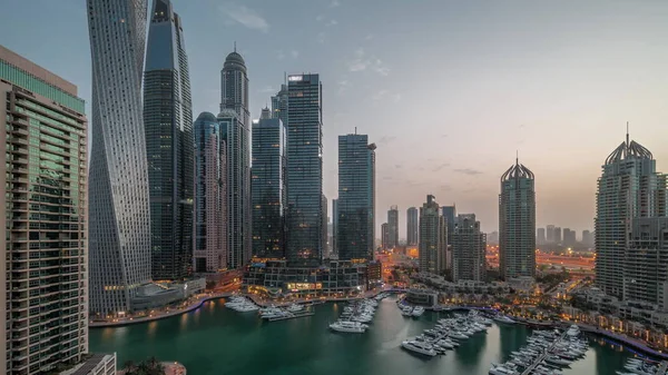 Dubai Marina Tallest Skyscrapers Yachts Harbor Aerial Night Day Transition —  Fotos de Stock