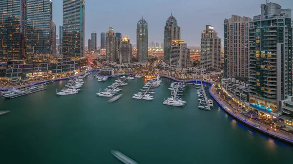 Luxury Yacht Bay City Aerial Day Night Transition Dubai Marina — Stock Photo, Image