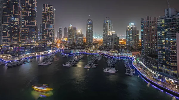 Panorama Showing Luxury Yacht Bay City Aerial Night Dubai Marina —  Fotos de Stock
