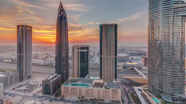 Sky View Skyscrapers Sunset Dubai Downtown Aerial Modern Architecture Orange — Fotografia de Stock