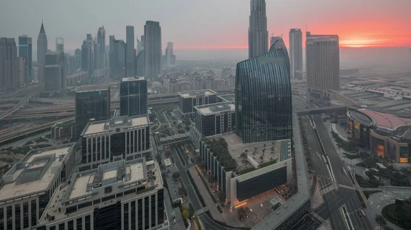 Futuristic Dubai Downtown Finansial District Skyline Повітряної Ночі День Переходу — стокове фото