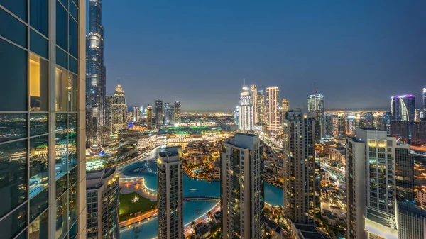 Dubai Downtown Fountains Modern Futuristic Architecture Aerial Day Night Transition — Stockfoto