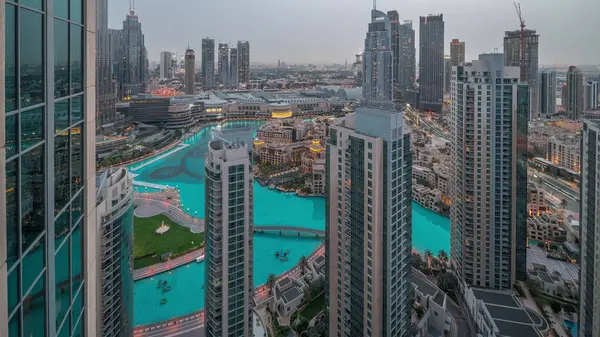 Dubai Downtown Fountains Modern Futuristic Architecture Aerial Night Day Transition — Photo