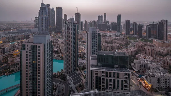 Aerial Panoramic View Futuristic City Night Day Transition Business Bay — Fotografia de Stock
