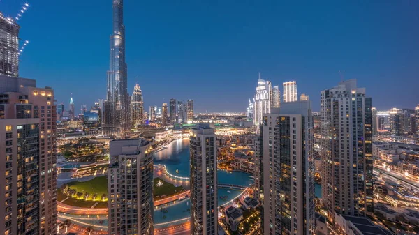 Dubai Downtown Cityscape Ψηλότερους Ουρανοξύστες Γύρω Από Εναέρια Μέρα Νύχτα — Φωτογραφία Αρχείου