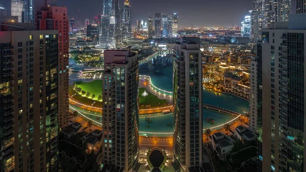 Dubai Downtown Cityscape Ψηλότερους Ουρανοξύστες Γύρω Από Λίμνη Εναέρια Όλη — Φωτογραφία Αρχείου