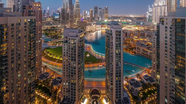 Dubai Downtown Cityscape Tallest Skyscrapers Fountain Aerial Day Night Transition — Stock Fotó