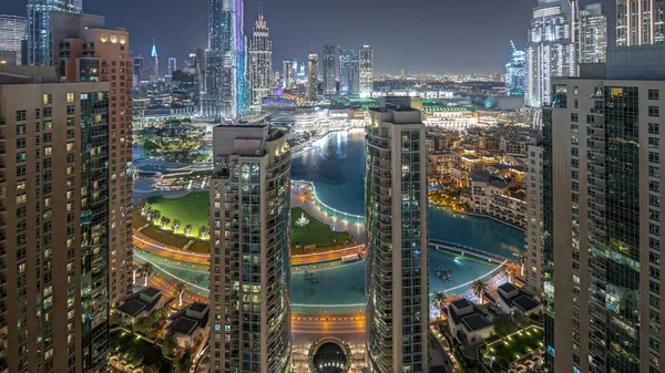 Panorama Showing Dubai Downtown Cityscape Tallest Skyscrapers Aerial Night Construction — Fotografia de Stock