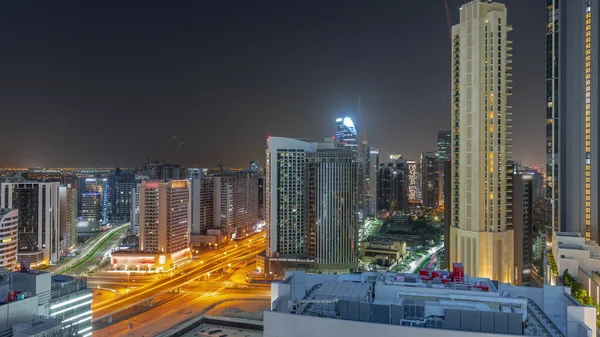 Rascacielos Bahía Negocios Dubai Aérea Durante Toda Noche Panorámica Con —  Fotos de Stock