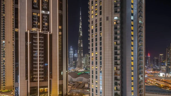 Панорама Показывающая Самые Высокие Небоскребы Время Земного Часа Центре Дубая — стоковое фото