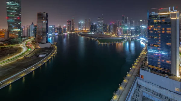 Cityscape Waterfront Skyscrapers Dubai Business Bay Water Canal Aerial Night — Stock Photo, Image