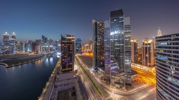 Cityscape Skyscrapers Dubai Business Bay Water Canal Aerial Day Night — Stok fotoğraf