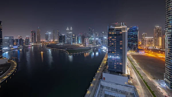 Panorama Showing Cityscape Skyscrapers Dubai Business Bay Water Canal Aerial — Fotografia de Stock