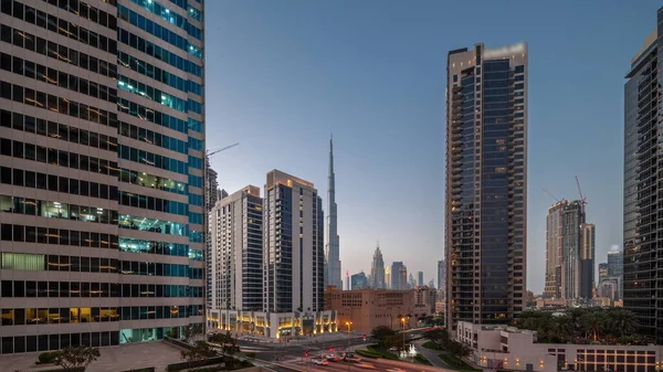 Letecký Panoramatický Výhled Centrum Dubaje Diferenciální Mrakodrapy Rušným Provozem Křižovatce — Stock fotografie
