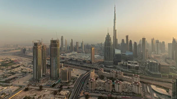 Panorama Showing Aerial View Tallest Towers Dubai Downtown Skyline Highway —  Fotos de Stock