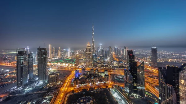 Aerial Panorama Tallest Towers Dubai Downtown Skyline Highway Day Night — Stock Fotó