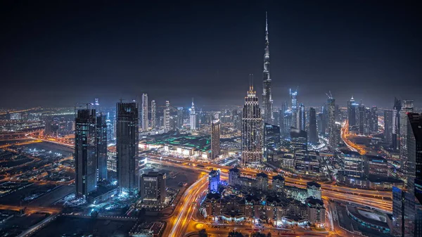 Panorama Showing Aerial View Tallest Towers Dubai Downtown Skyline Highway — Stock fotografie
