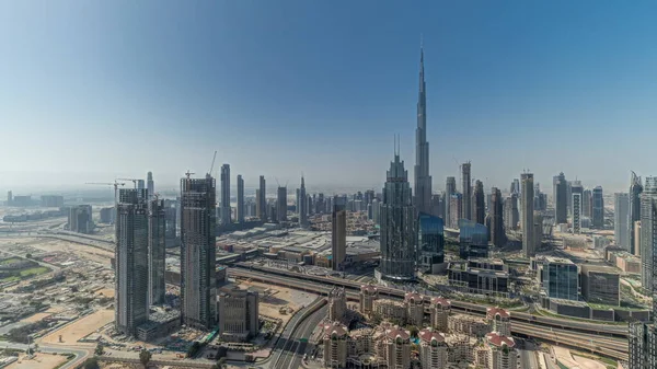 Панорама Показує Вигляд Найвищих Веж Дубаї Горизонті Шосе Фінансовий Район — стокове фото