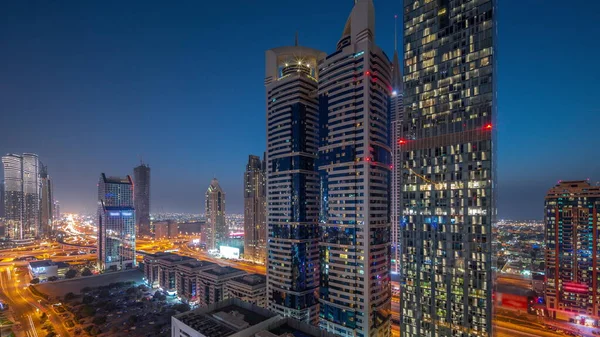 Повітряний Вид Міжнародного Фінансового Району Дубай Багатьма Хмарочосами День Ніч — стокове фото