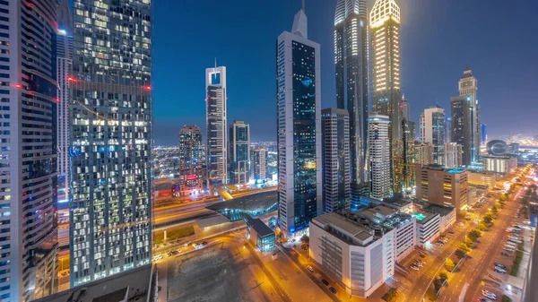 Légi Panoráma Dubai Nemzetközi Pénzügyi Körzet Sok Felhőkarcolók Éjszaka Naplemente — Stock Fotó