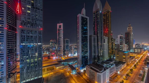 Повітряний Вид Міжнародного Фінансового Району Дубай Багатьма Хмарочосами Вночі Вимкненим — стокове фото