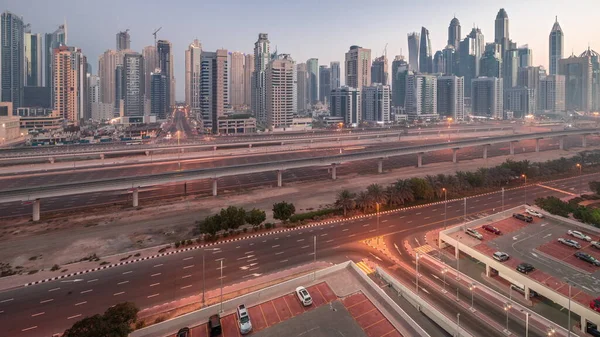 Dubai Jachthaven Hoogste Blok Van Wolkenkrabbers Nacht Tot Dag Overgang — Stockfoto
