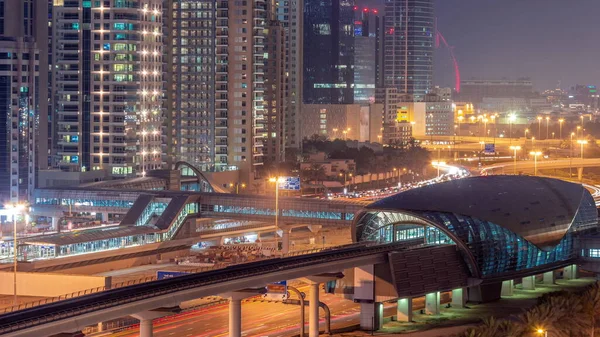 Futuristic Building Dubai Metro Station Luxury Skyscrapers Dubai Marina Aerial — Foto de Stock