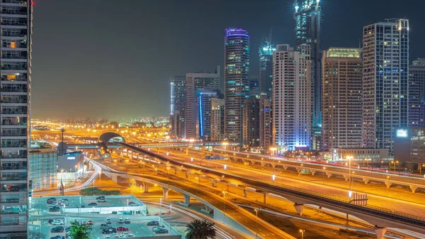 Dubai Marina Skyskrapor Och Sheikh Zayed Väg Med Tunnelbana Järnväg — Stockfoto