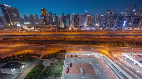 Dubai Marina Skyscrapers Sheikh Zayed Road Metro Railway Aerial Night —  Fotos de Stock