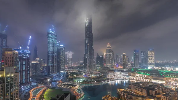 Skyscrapers Rising Dubai Downtown Night Mall Fountain Surrounded Illuminated Modern —  Fotos de Stock