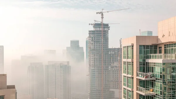 Dubai Skyscrapers Covered Morning Fog Business Bay District Construction Site — Foto Stock