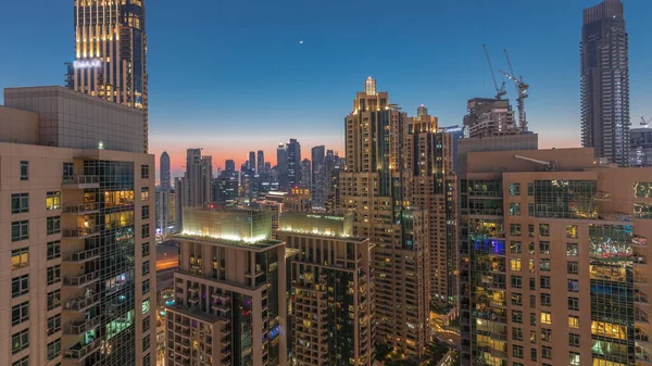Dubai Skyscrapers Golden Sky Business Bay District Day Night Transition — Stock Photo, Image