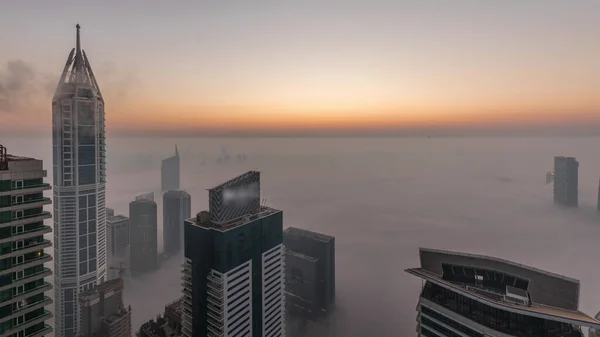 Rare Early Morning Winter Fog Dubai Marina Skyline Skyscrapers Lighted —  Fotos de Stock