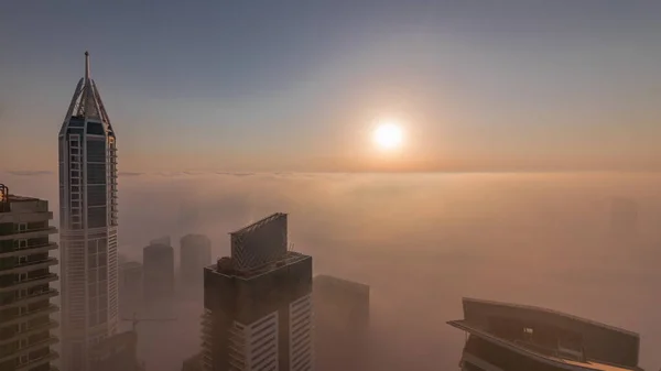 Sunrise Rare Early Morning Winter Fog Dubai Marina Skyline Skyscrapers — Fotografia de Stock